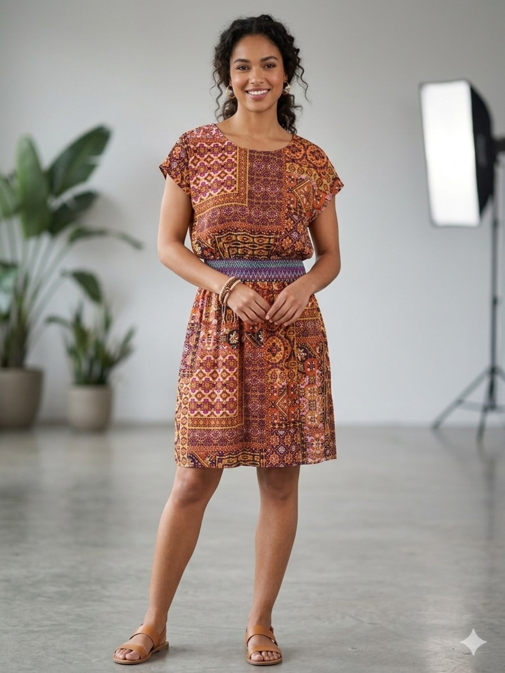 Park & Fifth Rust and Purple Patchwork Short-Sleeve Dress